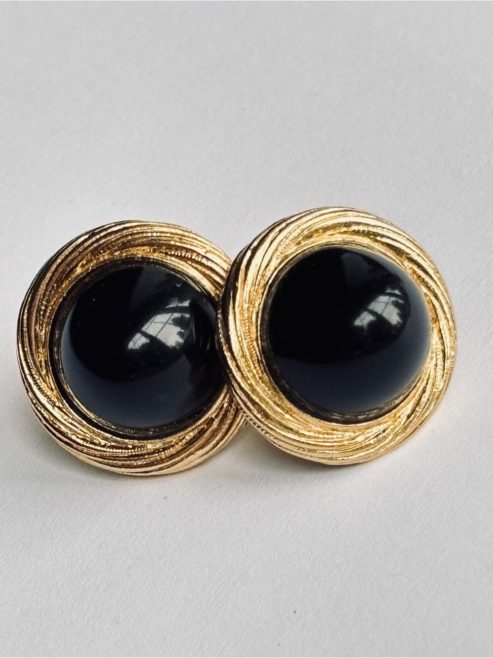 Trifari Vintage 70s 80s Black Rhinestone Cabochon Gold Tone Pierced Earrings